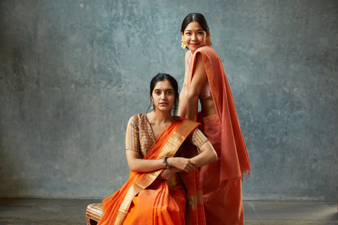 Handwoven Orange Maheshwari Tissue Silk Saree